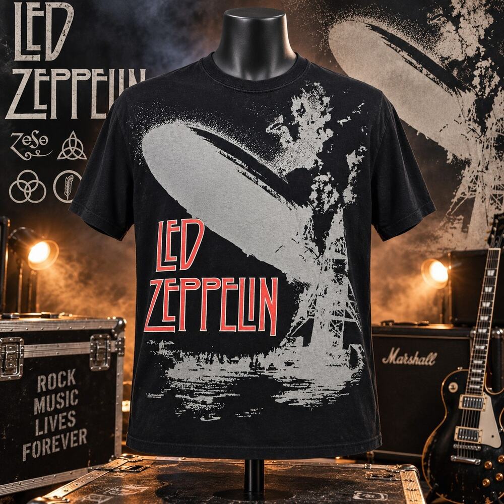 Led Zeppelin 1 Hindenburg Liquid Blue T Shirt Mens Large Black Band Graphic Tee